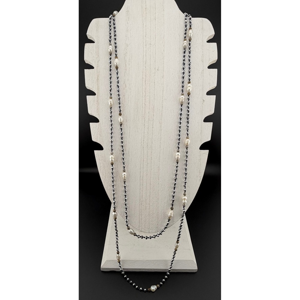 Zacasha Necklace 66 in Pearl Gray-Blue Faceted Beads Hand Knotted Boho Layering